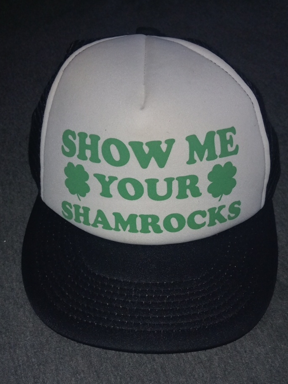 White & Black Trucker Hat with Green Shamrock Slogan